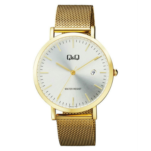 Reloj dorado y esfera blanca unisex analógico con brazalete de malla Q&Q A466J001Y