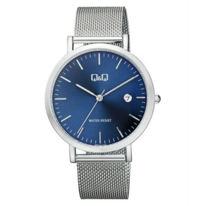 Reloj plateado y esfera azul unisex analógico con brazalete de malla Q&Q A466J212Y