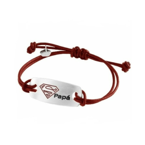 Pulsera Plata Cuero Rojo Placa -SUPER PAPÁ- MARDUK