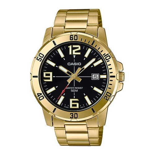 Reloj dorado Casio esfera negra para hombre sumergible con cadena y calendario MTP-VD01G-1B