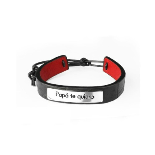 Pulsera Plata Cuero Negro Placa -PAPÁ TE QUIERO- MARDUK