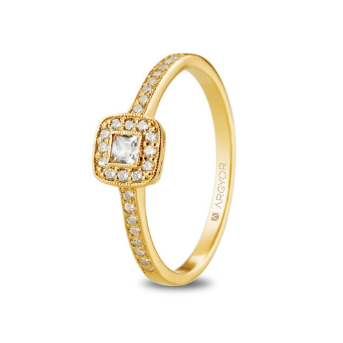 Anillo de Compromiso Argyor de Oro Amarillo 18k con Circonita Cuadrada y Halo de Pavé