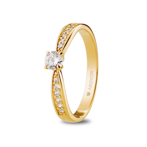 Anillo de Compromiso Solitario Argyor de Oro Amarillo 18k con Circonitas en los Brazos