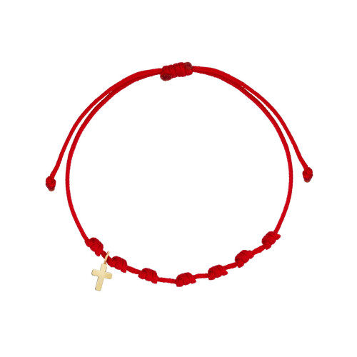 Pulsera 7 nudos nylon rojo mini cruz oro