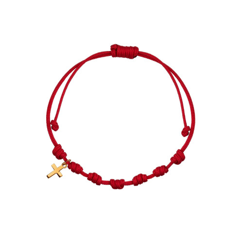 Pulsera 7 nudos nylon rojo con colgante oro cruz