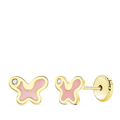 Pendientes bebe oro 18k mariposa esmalte rosa