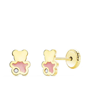 Pendientes bebe oro 18k oso esmalte rosa