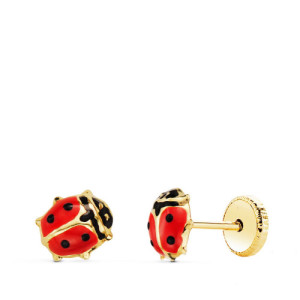 Pendientes bebe oro 18k mariquita esmalte rojo