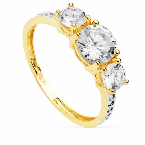 Anillo de Compromiso Tresillo de Oro Amarillo 18k con Tres Circonitas