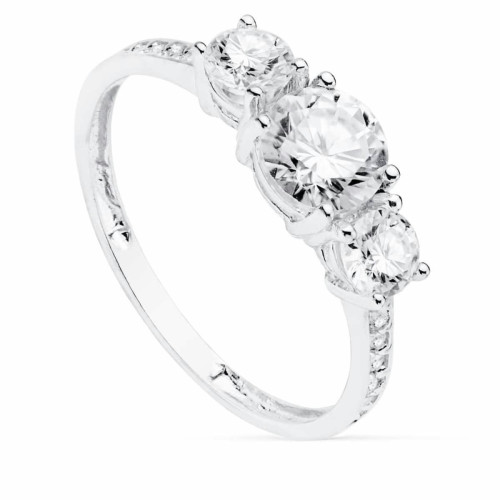 Anillo de Compromiso Tresillo de Oro Blanco 18k con Tres Circonitas
