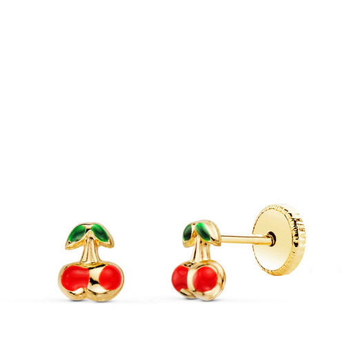 Pendientes de Bebé con Cerezas y Esmalte en Oro Amarillo de 18 Quilates