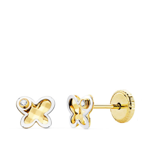 Pendientes de Bebé con Mariposa Bicolor y Circonita en Oro de 18 Quilates