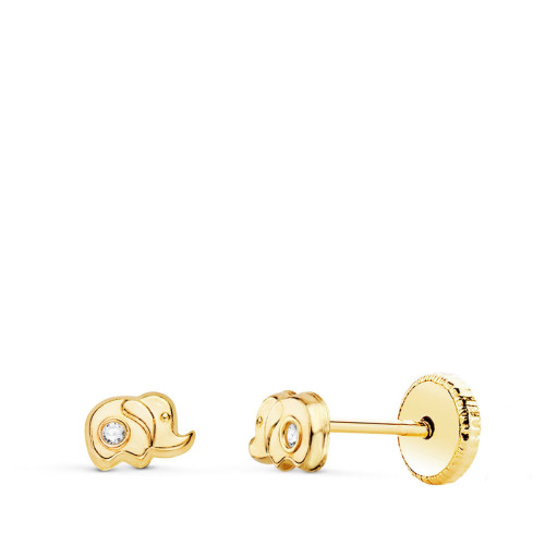 Pendientes de Bebé con Elefante y Circonita en Oro Amarillo de 18 Quilates