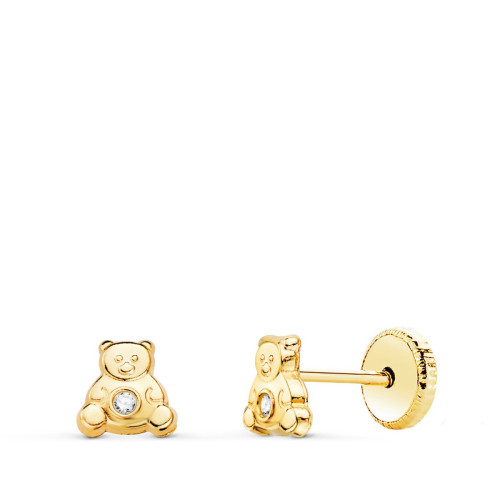 Pendientes de Bebé con Oso y Circonita en Oro Amarillo de 18 Quilates