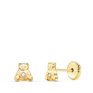 Pendientes de Bebé con Oso y Circonita en Oro Amarillo de 18 Quilates