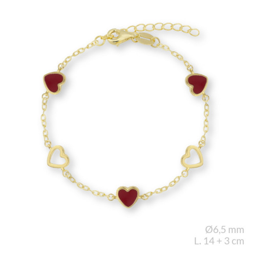 Pulsera de plata dorada con colgantes de corazón y esmalte rojo