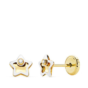 Pendientes de Bebé con Estrella Bicolor y Circonita en Oro de 18 Quilates