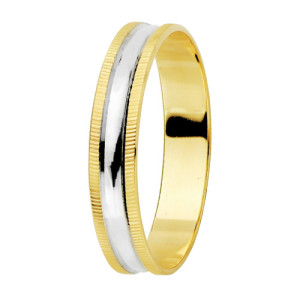 Alianza de Boda Bicolor de Oro 18k con Franja Central de Brillo y Bordes Estriados