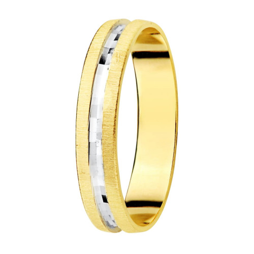Alianza de Boda Bicolor de Oro 18k con Franja Central de Brillo y Bordes Estriados