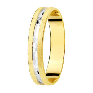 Alianza de Boda Bicolor de Oro 18k con Franja Central de Brillo y Bordes Estriados
