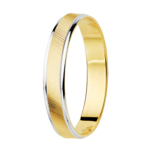 Alianza de oro 18K bicolor con estrías y bordes en brillo