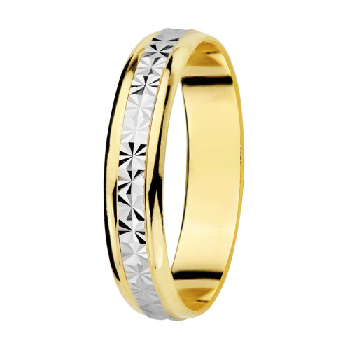 Alianza de Boda Bicolor de Oro 18k con Franja Central Tallada y Bordes en Brillo