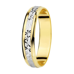 Alianza de Boda Bicolor de Oro 18k con Franja Central Tallada y Bordes en Brillo