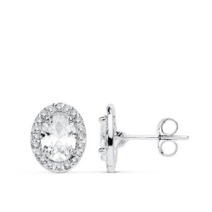 Pendientes oro blanco con piedra oval y circonitas