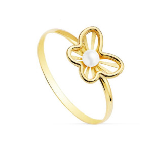 Sortija comunión oro 18K mariposa con perla