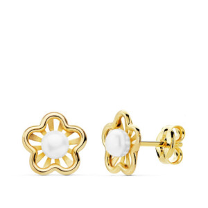 Pendientes comunión oro 18k flor con perlas.