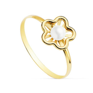 Sortija comunión oro 18k flor con perla