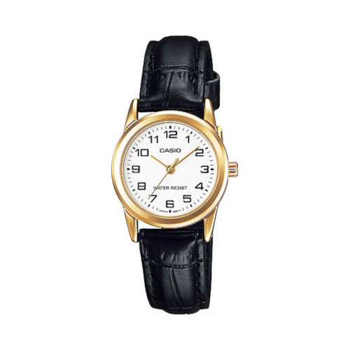 Reloj Casio Mujer LTP-V001GL-7B Caja Dorada Correa de Cuero Negra Esfera Blanca