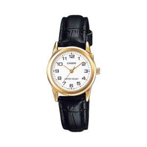 Reloj Casio Mujer LTP-V001GL-7B Caja Dorada Correa de Cuero Negra Esfera Blanca