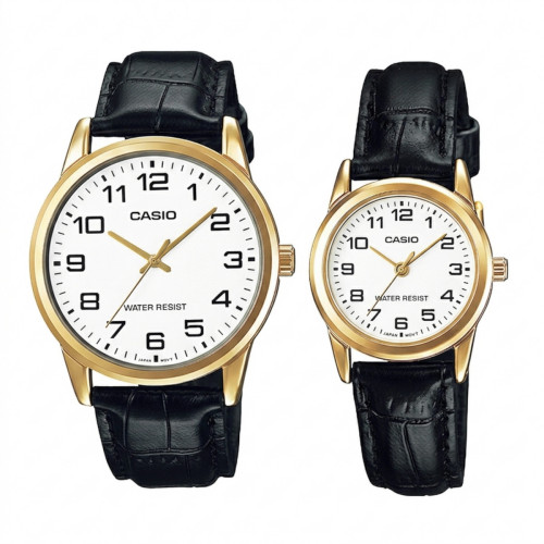 Reloj Casio Mujer LTP-V001GL-7B Caja Dorada Correa de Cuero Negra Esfera Blanca