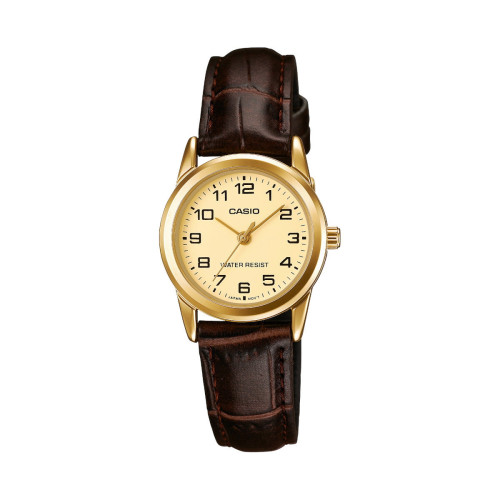 Reloj Casio Mujer LTP-V001GL-9B Caja Dorada Correa de Cuero Marrón Esfera Dorada