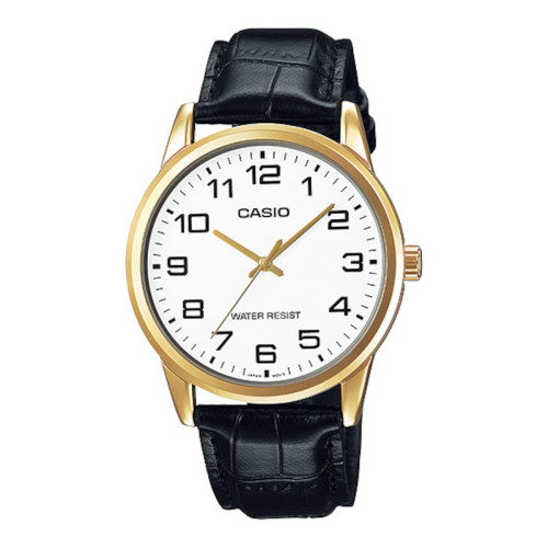 Reloj Casio Hombre MTP-V001GL-7B Caja Dorada Correa de Cuero Negra Esfera Blanca