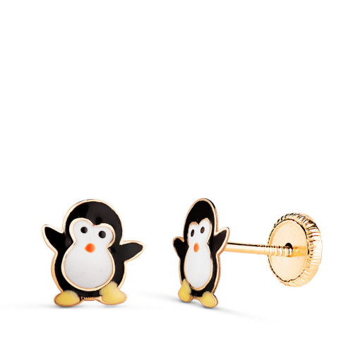 Pendientes de Bebé con Pingüino Esmaltado en Oro de 18 Quilates