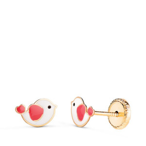 Pendientes de Bebé con Pájaro Esmaltado en Oro de 18 Quilates