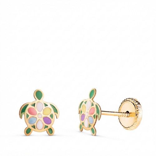 Pendientes de Bebé con Tortuga Esmaltada en Oro de 18 Quilates