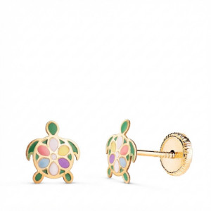 Pendientes de Bebé con Tortuga Esmaltada en Oro de 18 Quilates